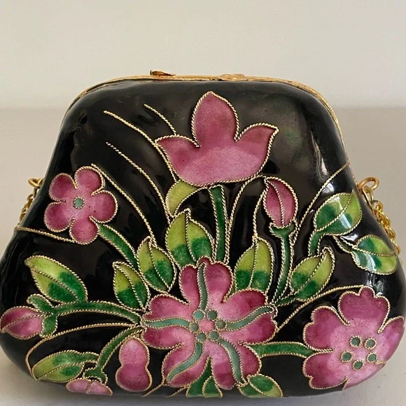 Cloisonné Purse Handbag Trinket Box Black Pink Flowers 3.5" - Picture 3 of 10